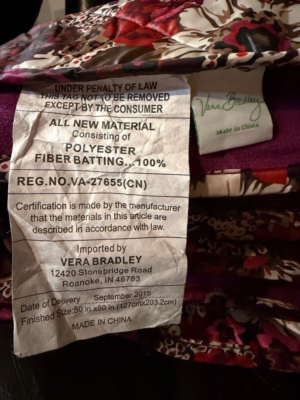 Vera Bradley Quilted Fleece Blanket Rosewood Waterproof Outdoor 50 x 80 in